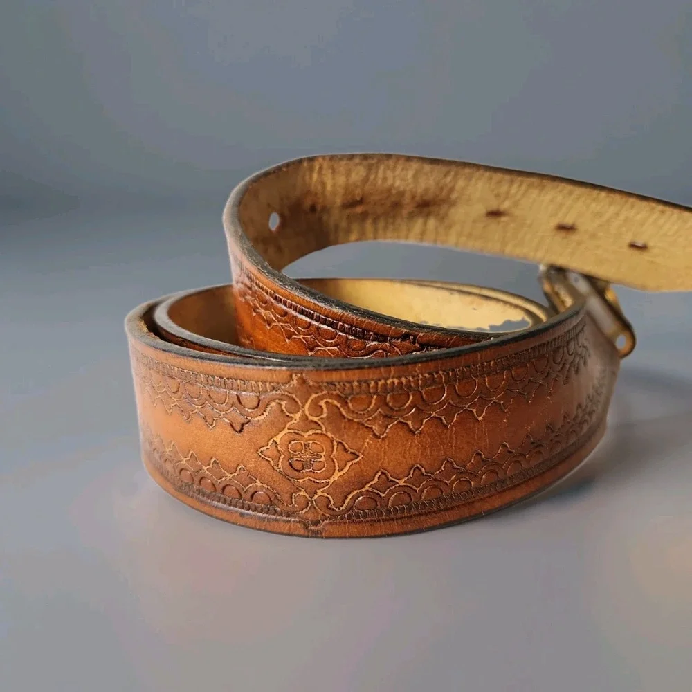 Vintage Chambers Belt Co Tooled Leather Belt USA Brown Brass Mens 38 Cowboy